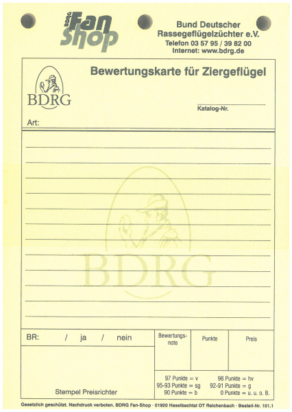 Bewertungskarten Block Ziergeflügel 50 Stück